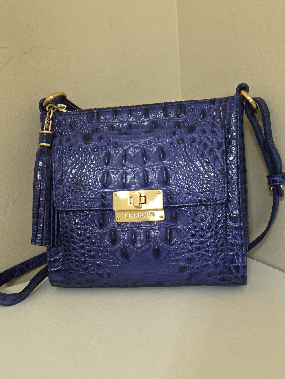 Brahmin Croc-Embossed Leather Crossbody in Royal Blue with Gold Hardware